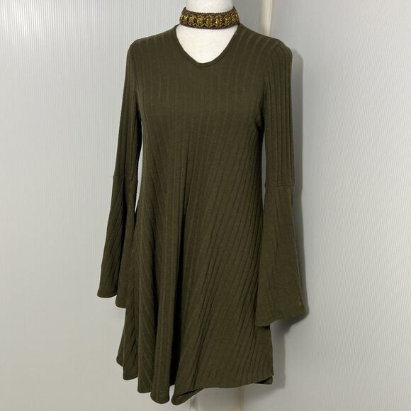 Bonnie Jean Junior Girls Size 16 Olive Ribbed Knit Bell Sleeve Dress Choker Neck - Picture 1 of 8